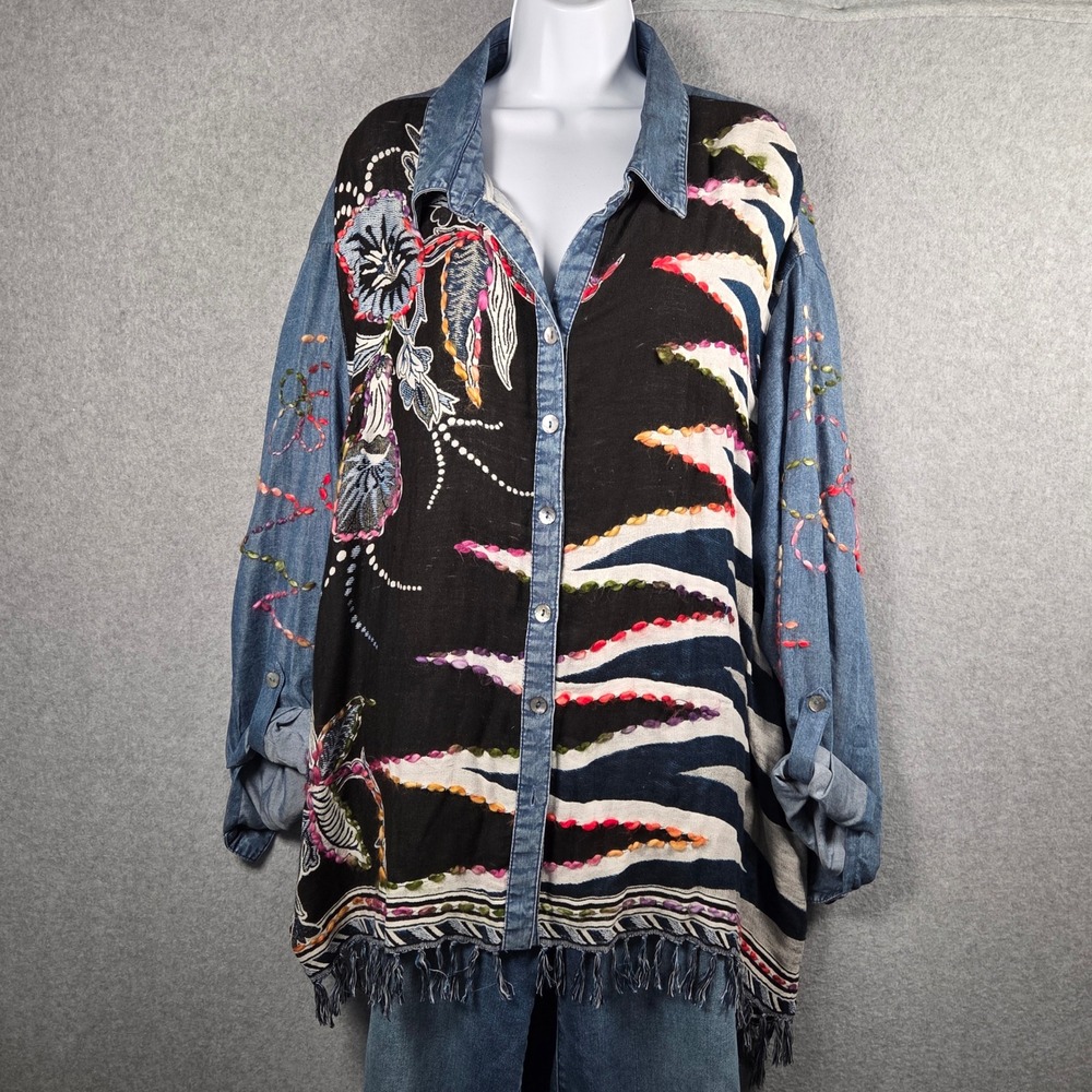 John Mark Women 3X Artsy Button Shirt Blue Denim Embroidered Fringe Rayon Zigzag - Picture 2 of 10